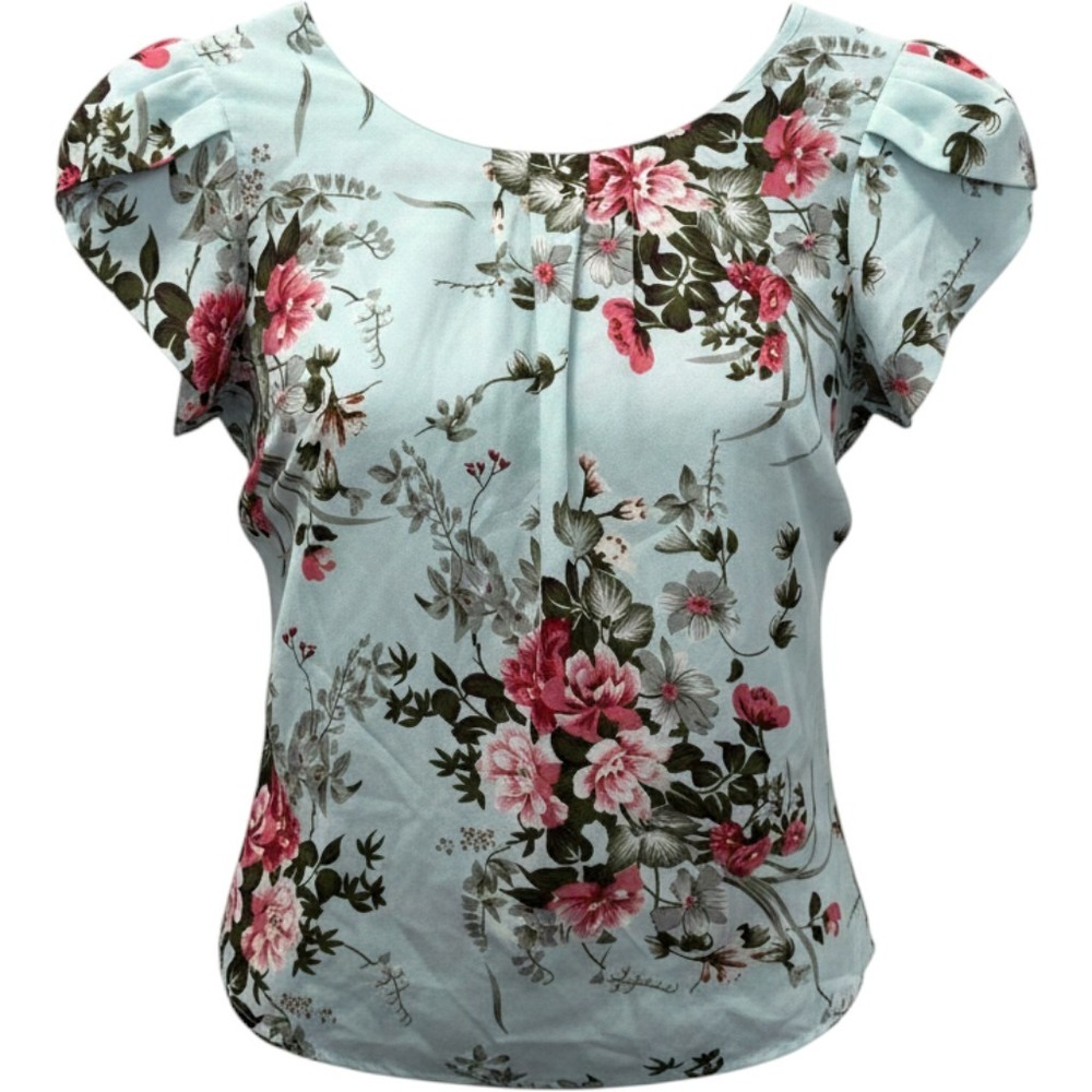 Floral Petal Sleeve Blouse Light Blue Pink Botanical Keyhole Back Top JIT6920538